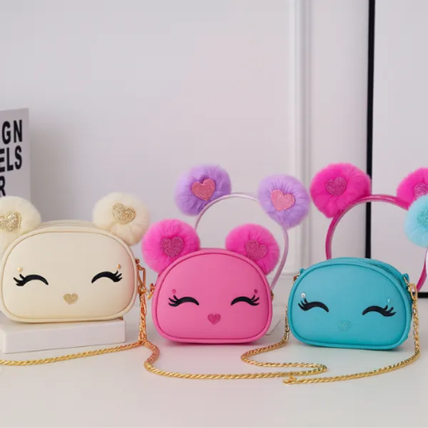 Kit Bolsa e Tiara Infantil com PomPom – Bolsa Criança Feminina Festa Presente com Corrente