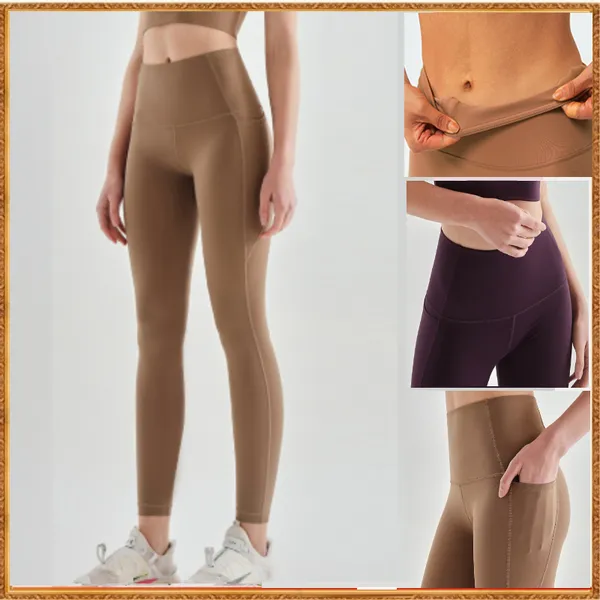 Lulu Nude Sports Fitness Pants com Bolsos Anti-ondulação Calças de Yoga Mulheres Cintura Alta Hip Lift KZ915