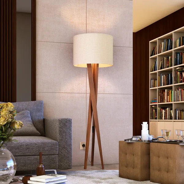 Abajur Tripé Luminária De Chão Com Cúpula Pés De Madeira Paris Sala De Estar Escritório Decoração