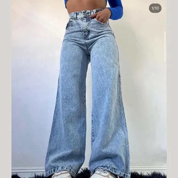 Calça Jeans Feminina Wide ​Leg Marmorizada Cintura Alta Sem Lycra