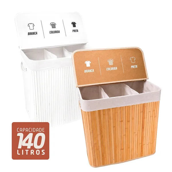 Cesto de Roupas Com Divisória Roupeiro Bambu Branco Artiko Family Organizador Triplo Com Tampa 140L