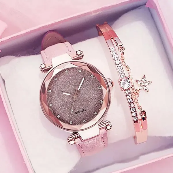 Relógio de Pulso Quartz de Couro Feminino & Pulseira Estrela