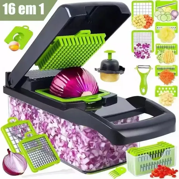 Fatiador Profissional Multifuncional 16 em 1/3 em 1 de Aço Inoxidável - Ideal para Vegetais, Frutas e Legumes