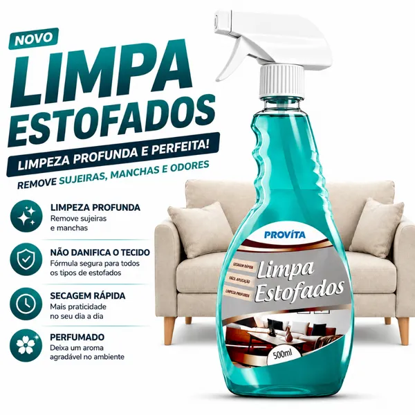 Limpa Estofados ​À Seco Spray Espuma Premium Perfumado Sofá Banco Poltrona Limpeza Profunda 500ml