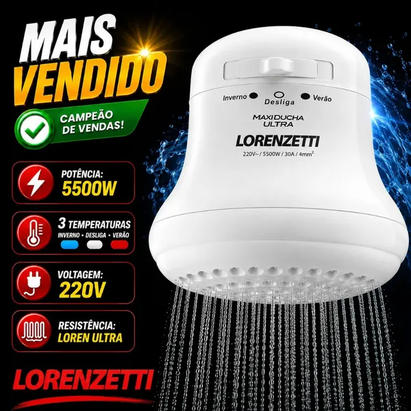 Chuveiro Eletrico Lorenzetti Maxi Ducha Ultra 5500W 220V 3 Temperaturas Solar
