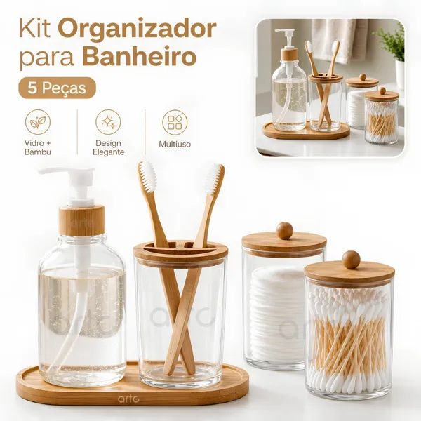 Conjunto Banheiro Lavabo 5 Peças Bambu Porta-Objetos, Dispenser, Escova e Bandeja