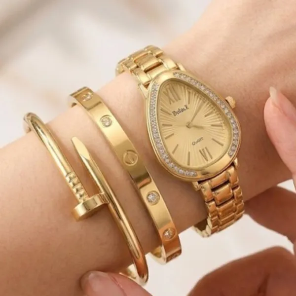 Kit Conjunto Relógio Feminino Dourado com Bracelete Pulseira Acessórios Femininos Relogio