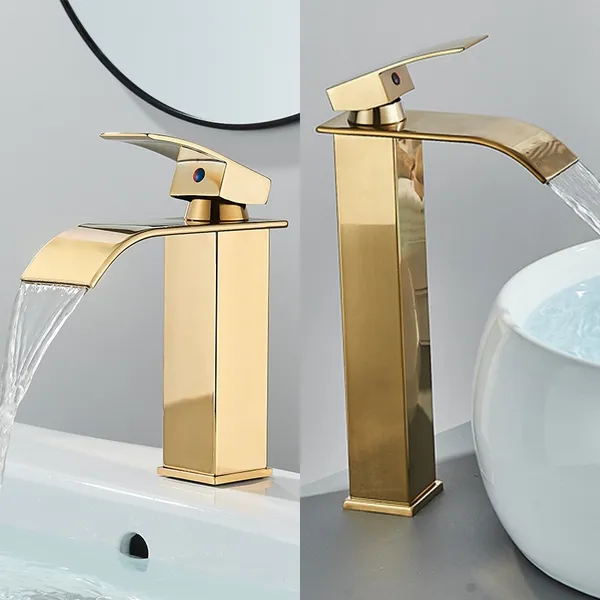 Torneira Cascata Para Banheiro Misturador Monocomando  Alta/Curto Dourado