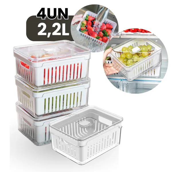 Kit 4un Organizadores de Geladeira 2,2L Acrílico Tampa Cesto Drenagem Frutas Verduras Empilhável