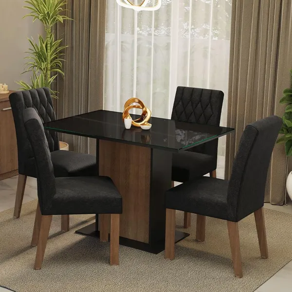 Conjunto Sala de Jantar Mesa Tampo de Vidro 4 Cadeiras Rustic/Preto/Oxford Reale Madesa