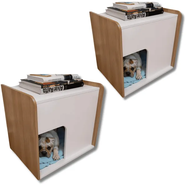 Kit 2 Mesa de cabeceira cama pet cães 45x45x40 Branco e Amadeirado