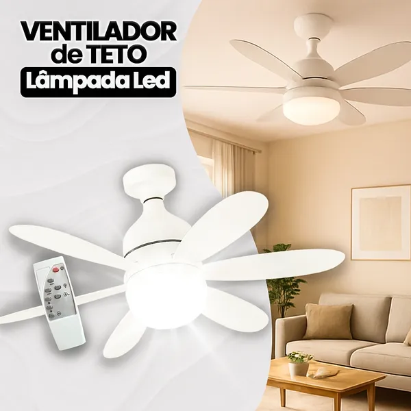 Ventilador Luminária LED 6 Pás Bocal E27 Teto 3 Cores de Luz Bivolt