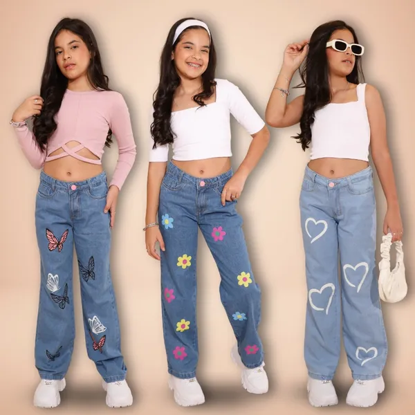 Calça Jeans Infantil Wide Leg Feminina Estilosa 4 ao 16 c/ Elástico Barra Larga Moda Blogueirinha