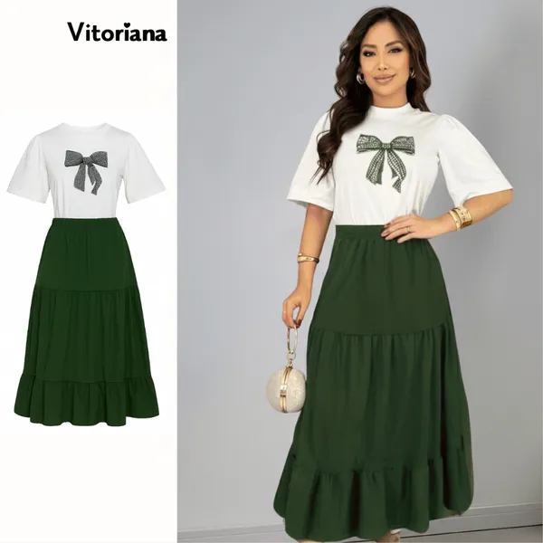 Conjunto Feminino Saia Babado + Blusa T-Shirt Estampada 100% Algodão | Moda Evangélica Cristã | Look Elegante