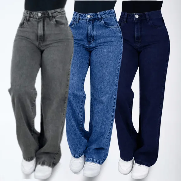 Kit 2 Wide Leg Feminina Jeans 100% Marmorizada Cintura Alta Pantalona Premium