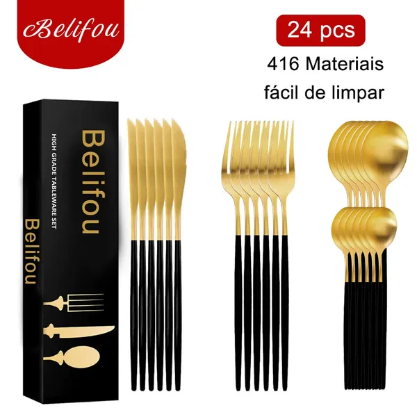 Belifou Kit 24 Jogo De Talheres Aço Inoxidável Preto Dourado