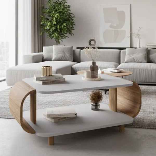 Mesa de Centro Floripa Retangular com Nicho Inferior 90cm - Pés de Madeira Maciça - Cor: Cinamomo/Off-White