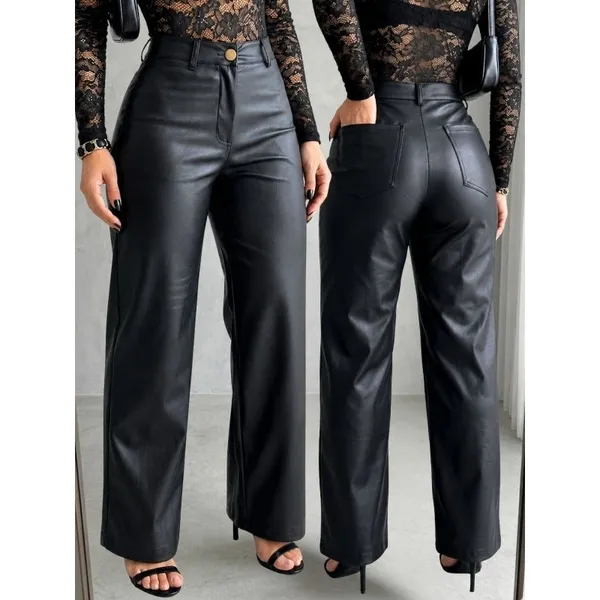 Calça Feminina Cintura Alta Wide Leg Pantalona com Bolso Couro Fake Premium Preta