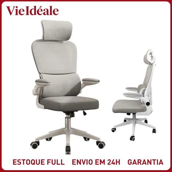 Cadeira de Escritório Ergonômica Com Apoio Lombar e Apoio de Cabeça Cinza com estofado de mesh