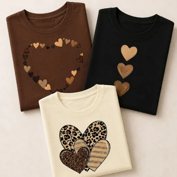 Kit 3 Baby Look Feminina Camisetas Coração Oncinha Algodão Bege Marrom Preto Manga Curta Casual Confortável Estilosa Top