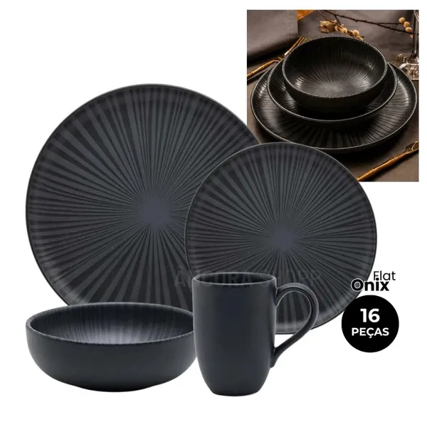 Jogo de Jantar Chá Café 16 Peças Flat Onix Aparelho de Janta Oxford Caneca 360ml Prato Tigela Bowl