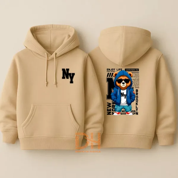Moletom Infantil Juvenil Estampado Urso New York Blusa de Frio Flanelada Com Bolso e Capuz
