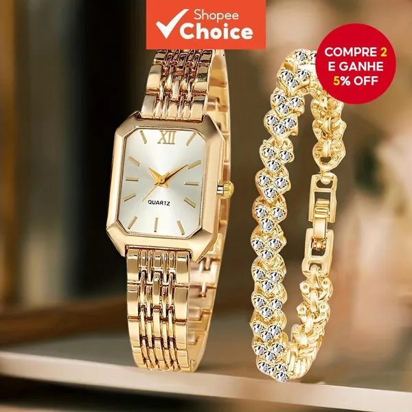 2 Unidades De Relógio De Quartzo Feminino Retangular Fashion E Conjunto De Pulseira De Strass