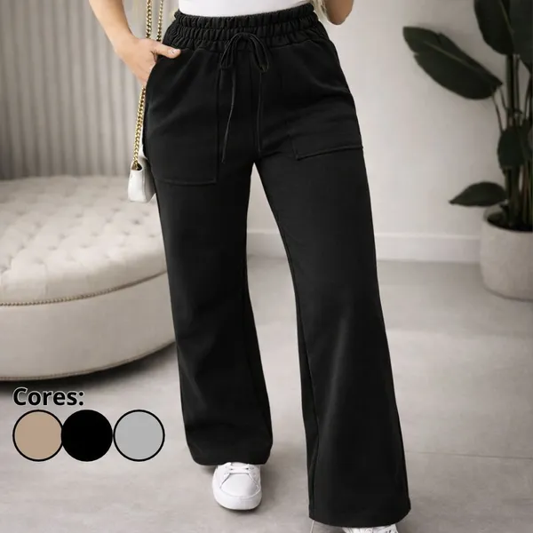 Calça Pantalona Moletim Feminina Cintura Alta Moletom Leve e Confortável