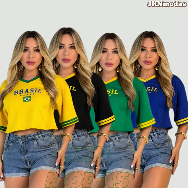 CROPPED Oversized Feminino BRASIL 100% Algodão Premium - Gola V Copa do Mundo 2026  Moda Gringa