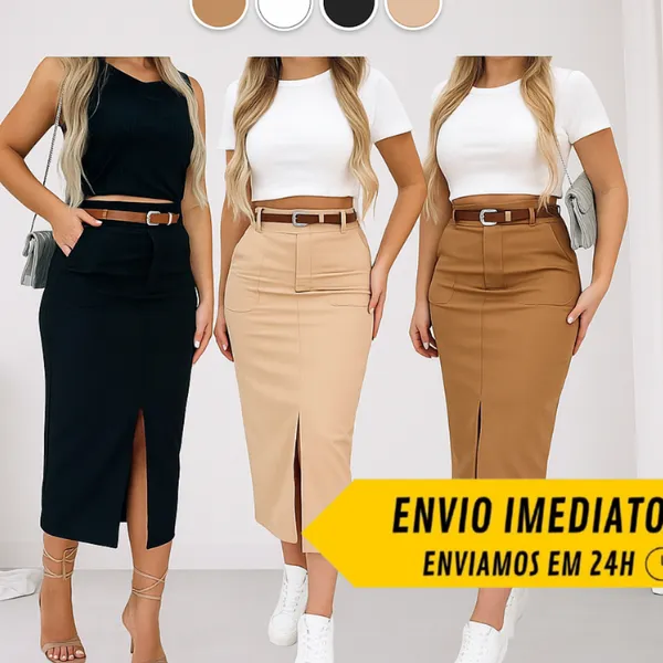 Saia Midi de Alfaiataria Com Cinto Moda feminina Elegante Tecido premium