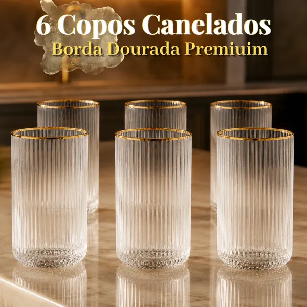 Jogo de Copos Vidro Borda Dourada Canelado 12 ou 6 unidades 420ml Elegante