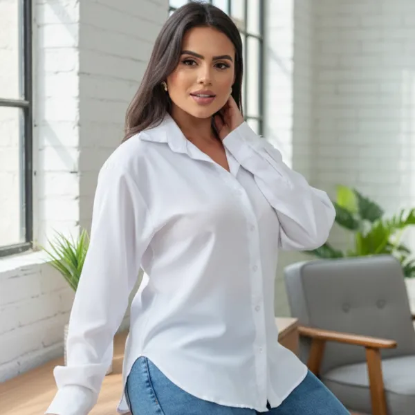Camisa Camisete Social Feminina Manga Longa Oversized Elegante Basica Lisa Alongada Casual Chemise