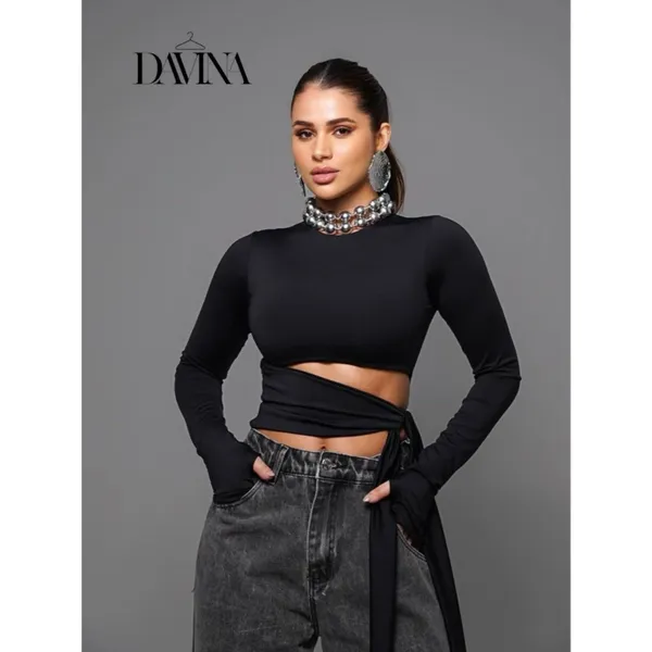 Blusas Cropped Feminino Suplex Manga Longa com Amarração na Cintura Disfarça Barriga Moda Gringa