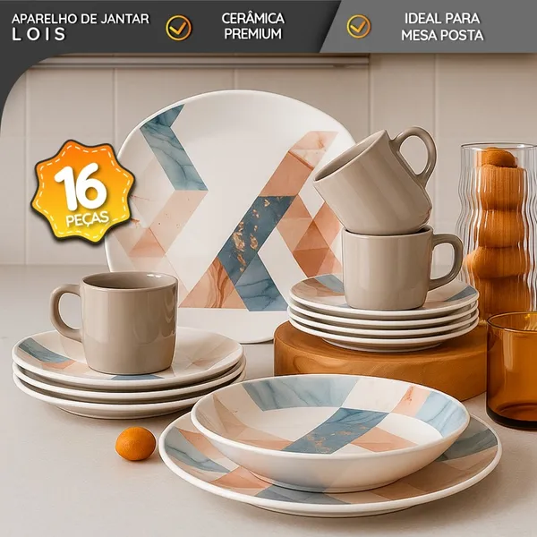 Aparelho de Jantar 16 Peças Lois Cerâmica Premium Ideal para Mesa Posta