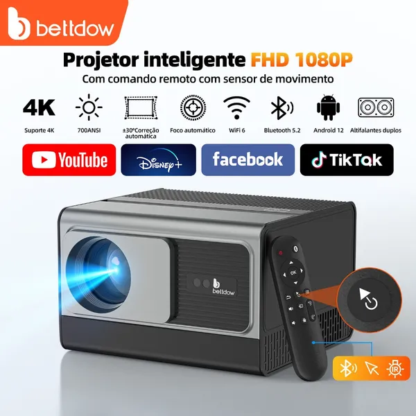 BETTDOW Projetor totalmente selado 4K 8K 700ANSI 22000Lumens Android WiFi LED Projetor de filme de vídeo LED