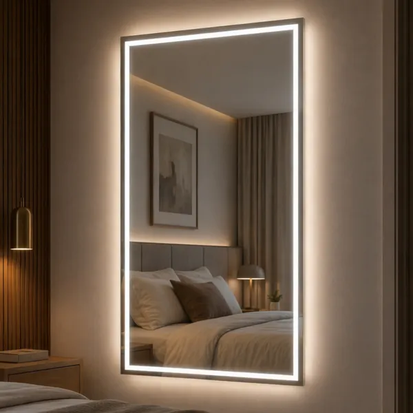 Espelho Retangular Grande Jateado 120x60cm com 3 Cores de LED Botão Touch Lapidado Luxo