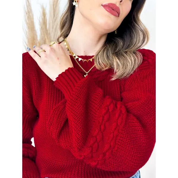 Blusa Feminina Trico Trança Manga Bufante Tendência Blogueira