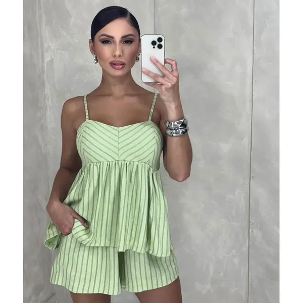 Conjunto Soltinho Risca de Giz ​short e Bata Feminino Leve Elegante
