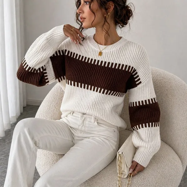 Blusa Feminina de Tricot Manga Bufante Suéter Estilosa de Inverno Frio Ombro Caido no Fang