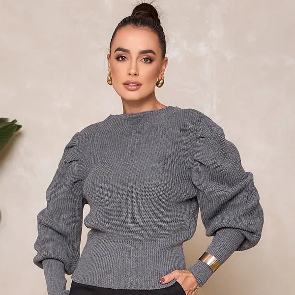 Blusa Tricô Modal Feminina Manga Longa Bufante Princesa Elegante Inverno Ajustada Tendência 2026