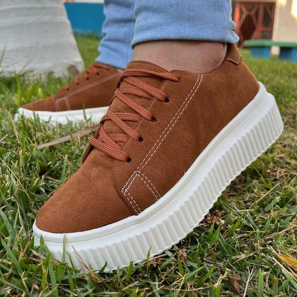 Tênis Casual Feminino Caramelo De Camurça Liso Plataforma Confortável