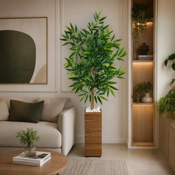 Planta Artificial Bambu Mosso da Sorte Decoração Escritorio Casa Sala Com Vaso E Pedras Brancas