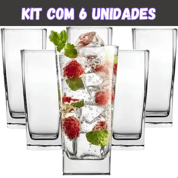 Jogo de Copos de Vidro 300ml Quadrado Texas Miami Bali para Suco Água Refrigerante