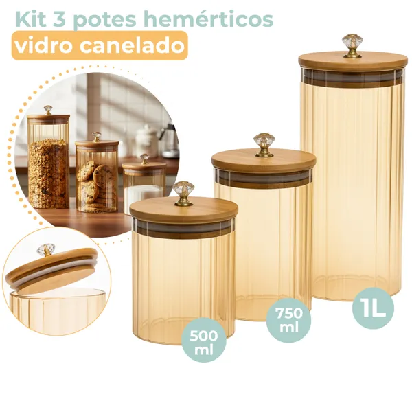 Kit 3 Potes de Vidro Canelado Âmbar Hermético Mantimentos com Tampa Bambu 1000ml 750ml e 500ml