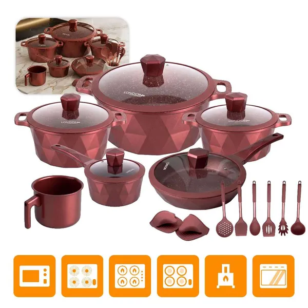 Kit Jogo de Panelas 18 Peças Antiaderente London  Com Tampa de Vidro Conjunto + Utensílios