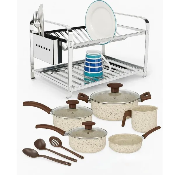 Conjunto Kit Jogo Panela Creme E Escorredor De Pratos Inox