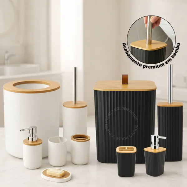 Kit Banheiro Lixeira C/ Tampa Detalhes Em Bambu Premium