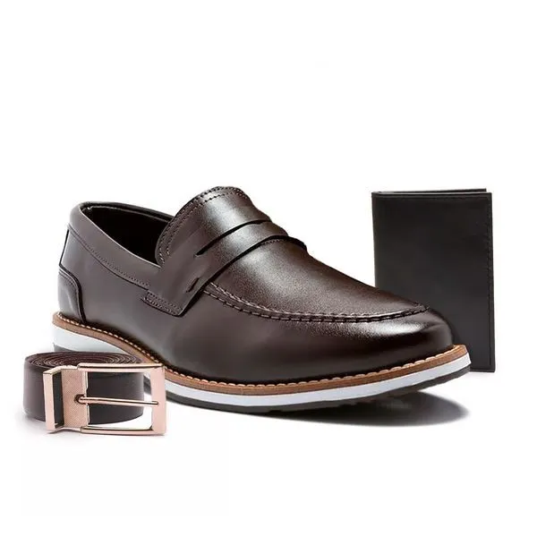 Kit Sapato Mocassim Social Casual Masculino Laboshoes Calce Fácil Preto Marrom + Cinto + Carteira