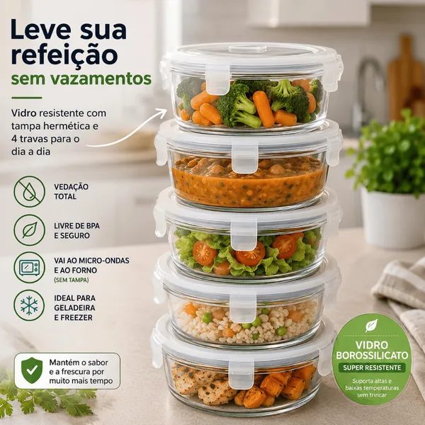 Kit 5 ou 10 Potes Herméticos Vidro 380ml OU 600ml  – Potes Redondos com Travas Premium para Marmita