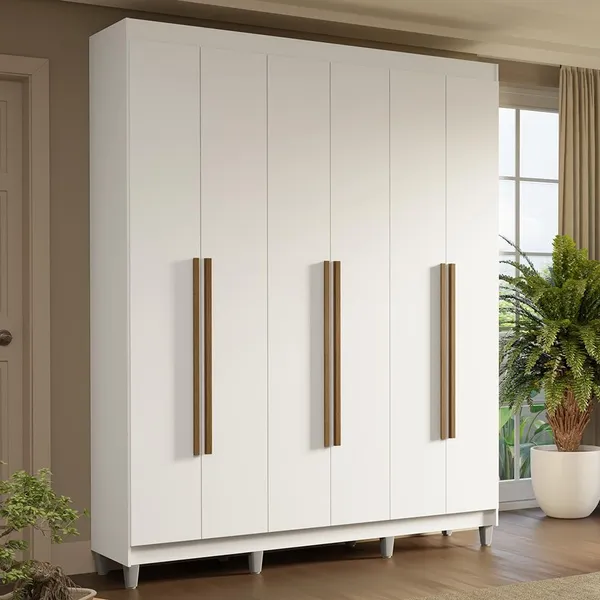 Guarda-Roupa Casal com Pés 6 Portas Batentes Branco/Branco/Rustic Saturno Madesa